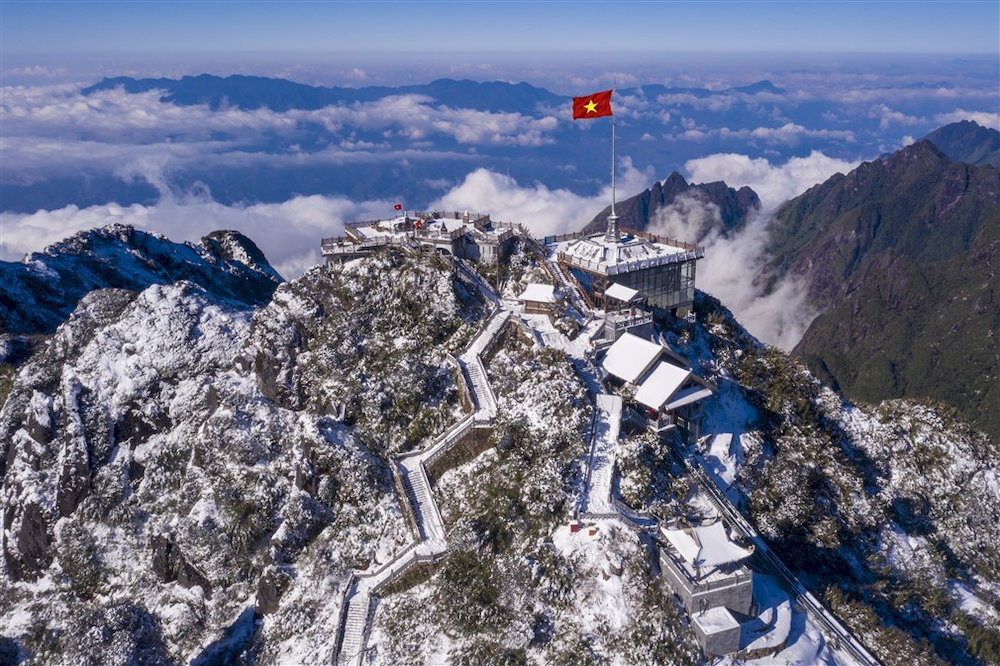The snowy white landscape at the summit of Mount Fansipan
